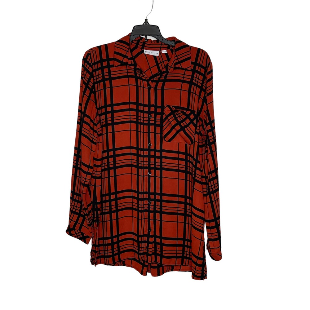 Susan Graver Button Up Shirt Size 8 Deep‎ Orange Black Stripes Womens Blouse Top